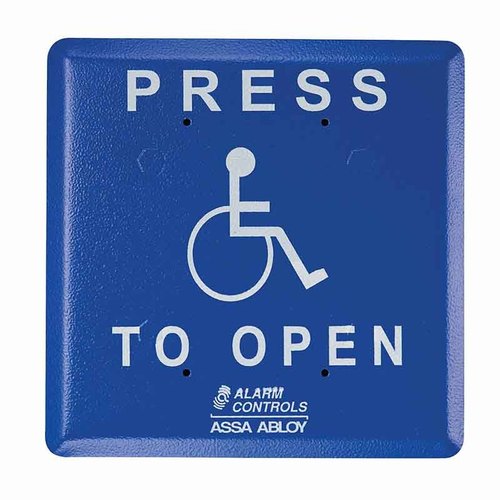 Push Plate, 5-1/2" Square, ADA Logo "PRESS TO OPEN", Pneumatic Time Delay, Blue