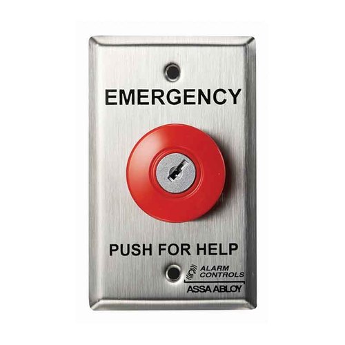1-1/2" Red Mushroom Button, "EMERGENCY PUSH FOR HELP", (1) NO, 1 (NC) Lat. Contacts, Single Gang, Key Reset, Satin Stainless Steel