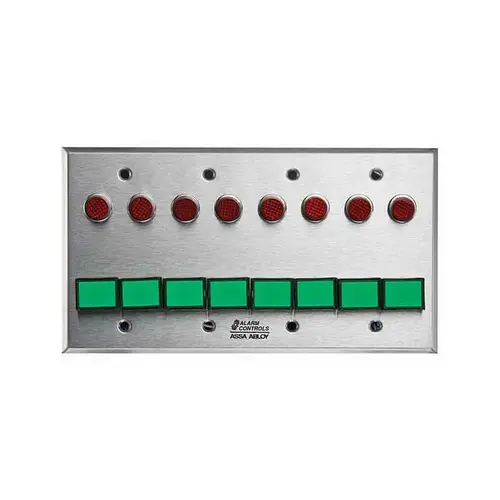 Monitoring/Control Station, Four Gang, Latching, 8 Green Pushbuttons, 12VDC, 8 Red LEDs, Satin Stainless Steel