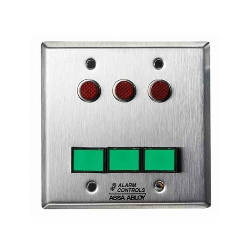 Monitoring/Control Station, Double Gang, Latching, 3 Green Pushbuttons, 12VDC, 3 Red LEDs, Satin Stainless Steel