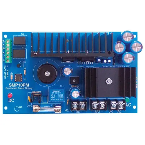 Switching Supervised Power Supply Board, 24/28VAC Input, 12/24VDC Selectable at 10A Output