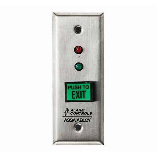 5/8" x 7/8" Green Button, "PUSH TO EXIT", Momentary, Red/Green LEDs, Narrow Plate, Satin Stainless Steel