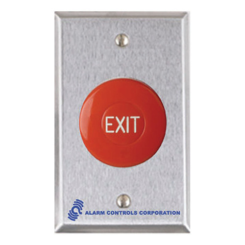 1-1/2" Red Mushroom Button, "EXIT", Momentary, Single Gang, Satin Stainless Steel