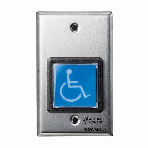 2" Blue Square Button, ADA Symbol, SPDT Momentary, Single Gang, Satin Stainless Steel