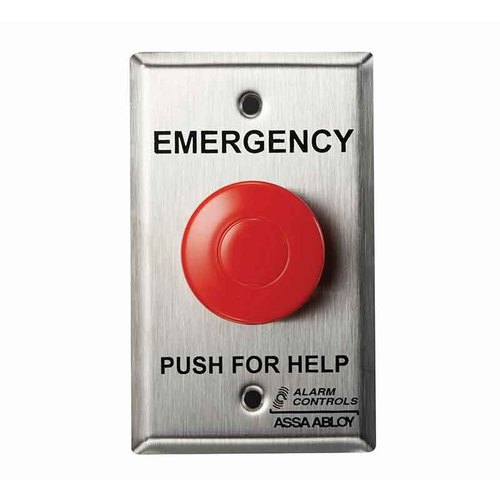 1-1/2" Red Mushroom Button, "EMERGENCY PUSH FOR HELP", (1) NO, 1 (NC) Mom. Contacts, Single Gang, Satin Stainless Steel