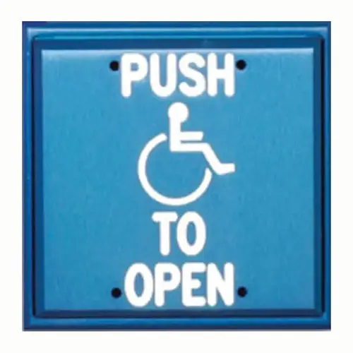 Push Plate, Double Gang, Pneumatic Time Delay, 2-60 Sec, ADA Logo, "PUSH TO OPEN", White Fill, Blue