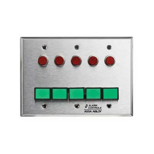 Monitoring/Control Station, Triple Gang, Latching, 5 Green Pushbuttons, 12VDC, 5 Red LEDs, Satin Stainless Steel