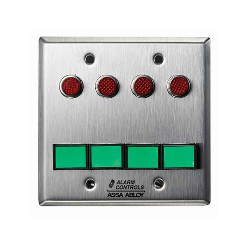 Monitoring/Control Station, Double Gang, Latching, 4 Green Pushbuttons, 12VDC, 4 Red LEDs, Satin Stainless Steel