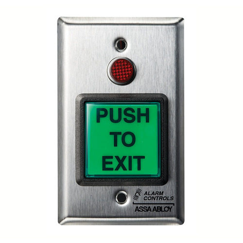 2" Green Square Button, "PUSH TO EXIT", SPDT Momentary, Red LED, Single Gang, Satin Stainless Steel