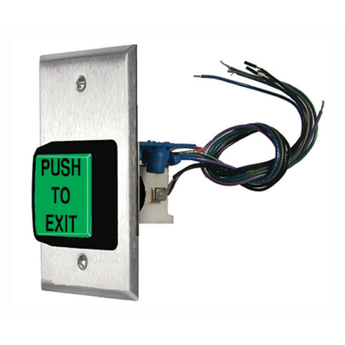 2" Green Square Button, "PUSH TO EXIT", Timed 2-45 Seconds, Single Gang, Satin Stainless Steel