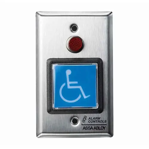 2" Blue Square Button, ADA Symbol, DPDT Momentary, Red LED, Single Gang, Satin Stainless Steel