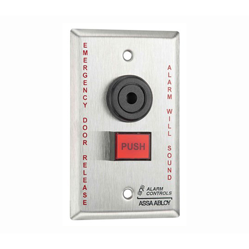 Alarm Controls TS-25 Pushbutton with Buzzer, "EMERGENCY DOOR RELEASE", "ALARM WILL SOUND", Single Gang, Satin Stainless Steel
