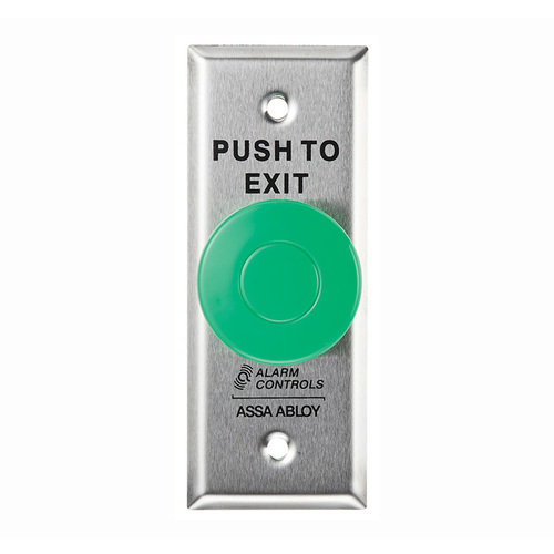 Alarm Controls TS-27 1-1/2" Dia. Green Button, "PUSH TO EXIT", Momentary, Narrow Plate, Satin Stainless Steel