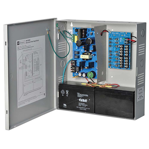 Supervised Power Supply/Charger, 115VAC 60Hz at 2.5A Input, 8 Fuse Protected Outputs 12/24VDC at 6A, 3.5A Max per Output, Grey Enclosure