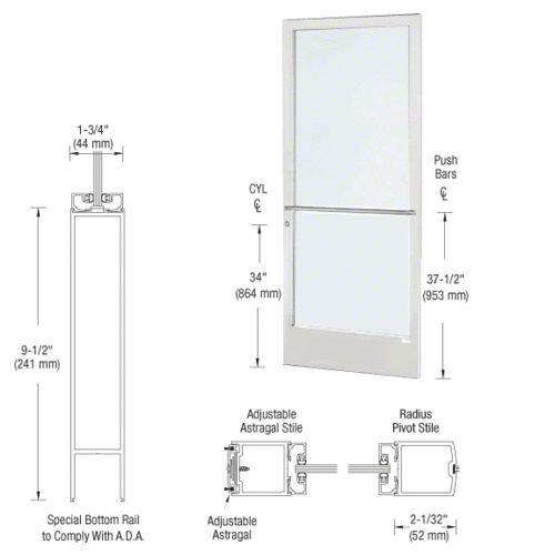 CRL-U.S. Aluminum CD22752LA36 White KYNAR Paint 250 Series Narrow Stile Active Leaf of Pair 3'0 x 7'0 Center Hung for OHCC w/Standard Push Bars Complete ADA Door(s) with Lock Indicator, Cyl Guard
