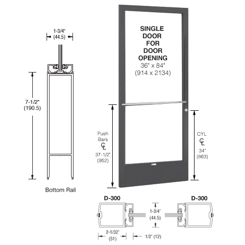 Bronze Black Anodized 250 Series Narrow Stile (LHR) HLSO Single 3'0 x 7'0 Center Hung for OHCC with Standard Push Bars Complete Door/Std. MS Lock, 7-1/2" Std. Bottom Rail