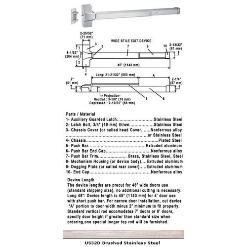 Grade 1 Push Bar Rim Panic Exit Device US32D Finish 48" Satin Stainless Steel