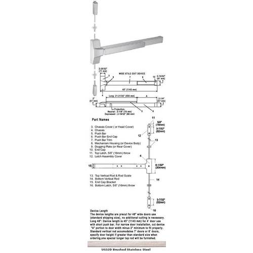 Grade 1 Fire Rated Surface Rod Panic Exit Device US32D Finish 48" Satin Stainless Steel