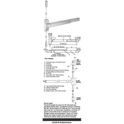 Grade 1 Fire Rated Surface Rod Panic Exit Device US10B Finish 36" Dark Bronze