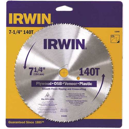Irwin 21840ZR Circular Saw Blade, 7-1/4 in Dia, 5/8 in Arbor, 140-Teeth, HCS Cutting Edge