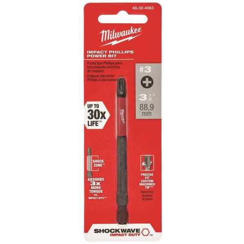 Power Bit, #3 Drive, Phillips Drive, 1/4 in Shank, Hex Shank, 3-1/2 in L, Steel Black Phosphate