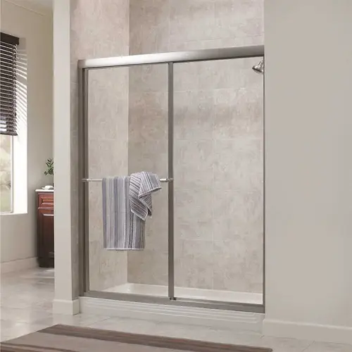 Tides 56 in. to 60 in. x 70 in. H Framed Sliding Shower Door in Brushed Nickel and Rain Glass