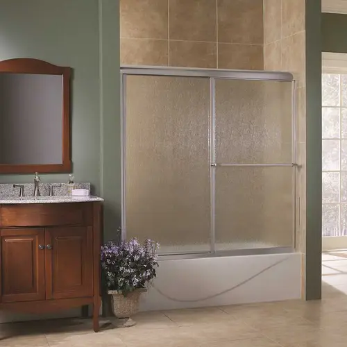 Tides 56 in. to 60 in. x 58 in. H Framed Sliding Tub Door in Silver with Rain Glass