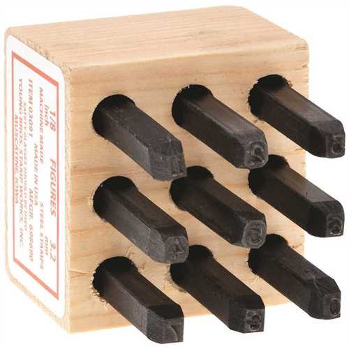 Character size 1/8" Steel dies Exclusive thumb grip Sharp characters for deep impression Wood box holder Pkg of 9 Black