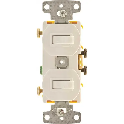 HUBBELL WIRING RC101W Combination Wall Switch & Receptacles; Combination Switch/Receptacle Type: Toggle Switch ; Color: White ; Number of Outlets: 0 ; Number of Switches: 2 ; Number of Lights: 0 ; NEMA Configuration: NonNEMA