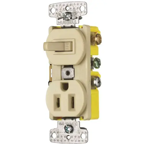 HUBBELL WIRING RC108I Combination Wall Switch & Receptacles; Combination Switch/Receptacle Type: Combination Outlet & Switch ; Color: Ivory ; Number of Outlets: 1 ; Number of Switches: 1 ; Number of Lights: 0 ; NEMA Configuration: 5-15R