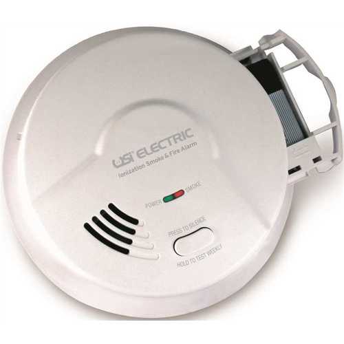 USI 5304 ELECTRIC DIRECT WIRE IONIZATION SMOKE AND FIRE ALARM WITH 9-VOLT BATTERY BACKUP, 120 VOLTS White