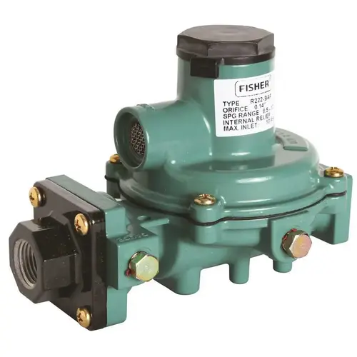 FISHER MFG. R222-BAF COMPACT SECOND STAGE REGULATOR, 650,000 BTU, 1/2 IN. FNPT INLET, 1/2 IN. FNPT OUTLET Green