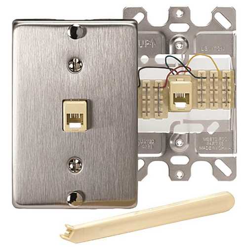 Leviton 40223-S 6-Postion 4-Conductor Telephone Wall Jack Quick Connect, Stainless Steel