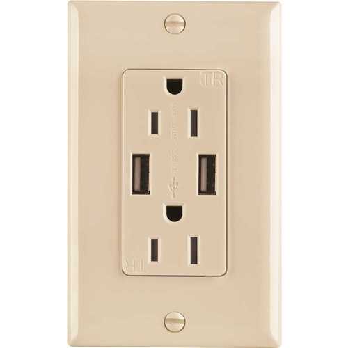 15 Amp Tamper Resistant USB Charger Duplex Receptacle, Ivory