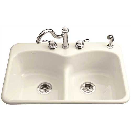 Langlade Smart Divide Drop-In Cast-Iron 33 in. 4-Hole Double Bowl Kitchen Sink in Biscuit