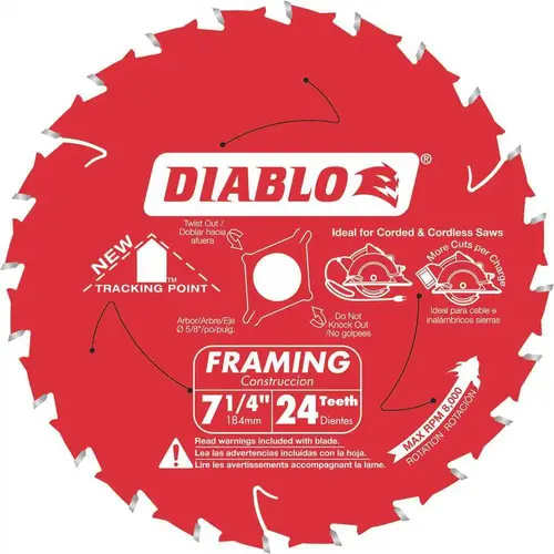Diablo D0724R 7-1/4 in. x 24-Teeth Tracking Point Framing Saw Blade Red