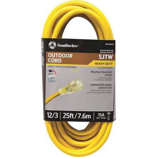 25 ft. 12/3 SJTW Outdoor Heavy-Duty Extension Cord with Power Light Plug Yellow