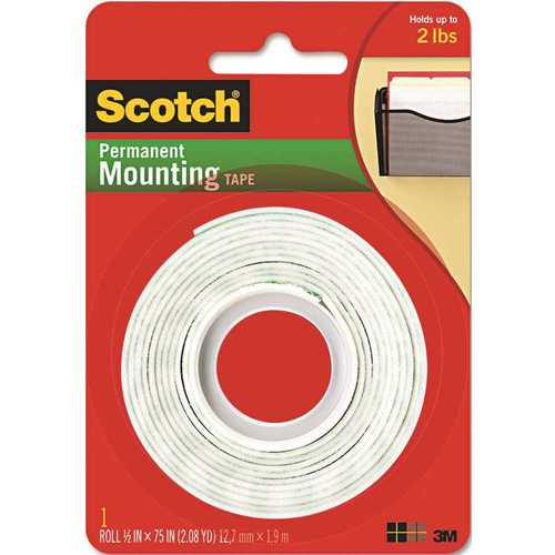SCOTCH 110DC 110 Mounting Tape, 75 in L, 1/2 W, White