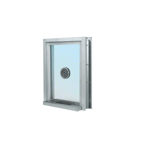 Satin Anodized 28" Wide x 38" High Bullet Resistant Clamp-On Exterior Window With Speak-Thru and Shelf With Deal Tray Protection Level 1