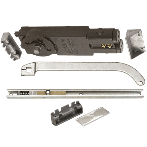 Satin Aluminum Regular Duty Spring 90 degree Hold Open Overhead Concealed Closer with 'U' Offset Slide-Arm Hardware Package