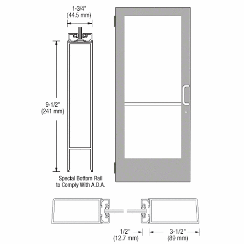 Clear Anodized 400 Series Medium Stile (LHR) HLSO Single 3'0 x 7'0 Offset Hung with Butt Hinges for Surf Mount Closer Complete Door Std. Lock & 9-1/2" Bottom Rail for 1" Glass with Standard MS Lock and Bottom Rail