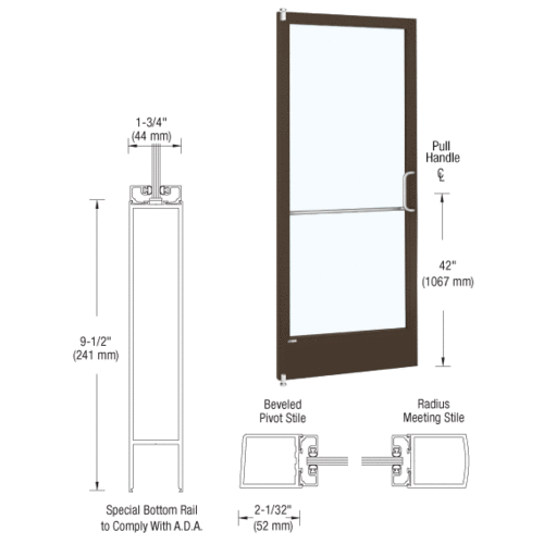 CRL-U.S. Aluminum 1DE22222R136 Bronze Black Anodized 250 Series Narrow Stile Inactive Leaf of Pair 3'0 x 7'0 Offset Hung with Pivots for Surf Mount Closer Complete Door for 1" Glass with Standard MS Lock and Bottom Rail
