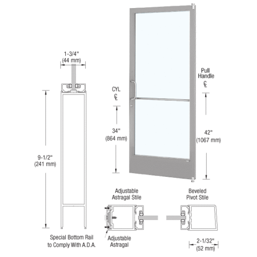CRL-U.S. Aluminum 1DE22211LA36 Clear Anodized 250 Series Narrow Stile Active Leaf of Pair 3'0 x 7'0 Offset Hung with Pivots for Surf Mount Closer Complete Door for 1" Glass with Standard MS Lock and Bottom Rail