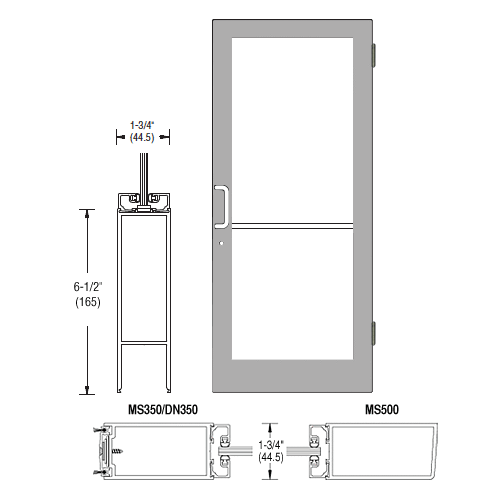 CRL-U.S. Aluminum 1DC42511LA36 Clear Anodized 400 Series Medium Stile Active Leaf of Pair 3'0 x 7'0 Offset Hung with Butt Hinges for Surf Mount Closer Complete Door for 1" Glass with Standard MS Lock and Bottom Rail