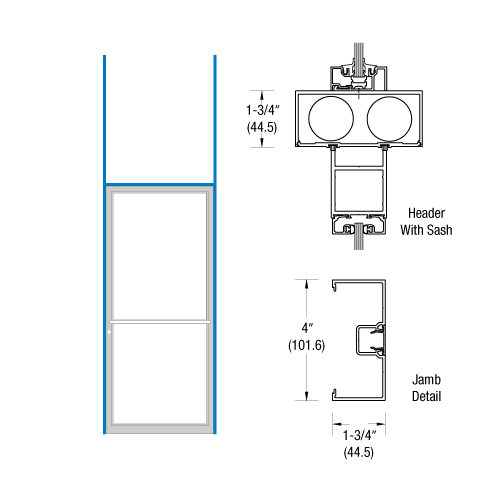 Clear Anodized 1-3/4" x 4" Open Back H-Frame for Single Door Prepped for Center Hung Overhead Concealed Closer and DH129 Strike