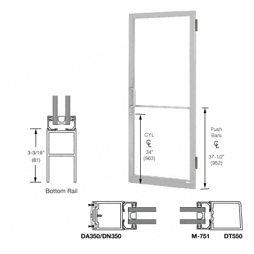 Clear Anodized 250 Series Narrow Stile Active Leaf of Pair 3'0 x 7'0 Offset Hung with Butt Hinges for Surf Mount Closer Complete Door Std. MS Lock and Std. Bottom Rail