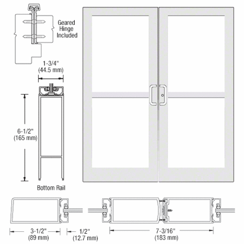 White KYNAR Paint Custom Pair Series 400 Medium Stile Offset Hung Geared Hinge Entrance Doors for Panics and Surface Mount Door Closers
