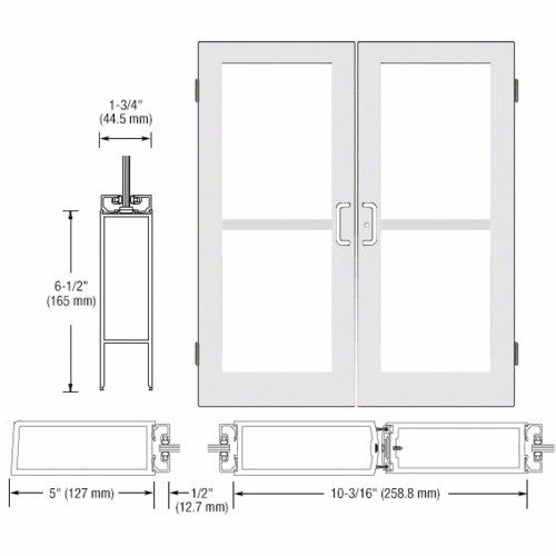 CRL-U.S. Aluminum DZ52552 White KYNAR Paint Custom Size Pair Series 550 Wide Stile Butt Hinge Entrance Door For Panics and Surface Mount Door Closers