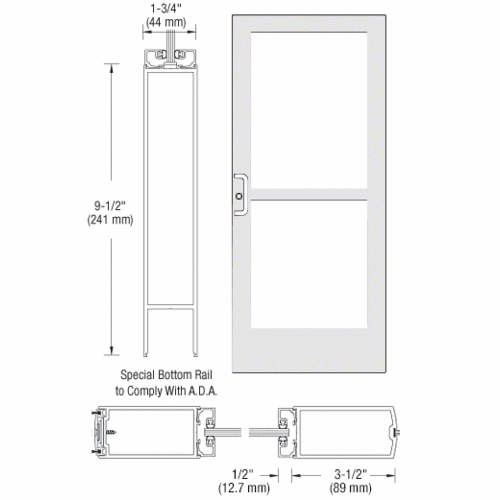 White KYNAR Paint 400 Series Medium Stile Active Leaf of Pair 3'0 x 7'0 Center Hung for OHCC w/Standard Push Bars Complete Panic Door with Std. Panic and 9-1/2" Bottom Rail