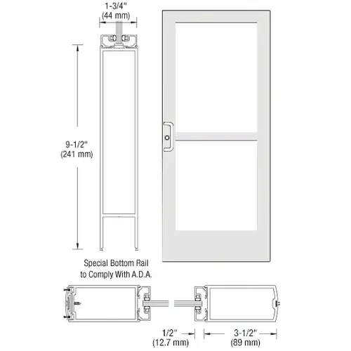 CRL-U.S. Aluminum CZ42752LA36 White KYNAR Paint 400 Series Medium Stile Active Leaf of Pair 3'0 x 7'0 Center Hung for OHCC w/Standard Push Bars Complete Panic Door with Std. Panic and 9-1/2" Bottom Rail